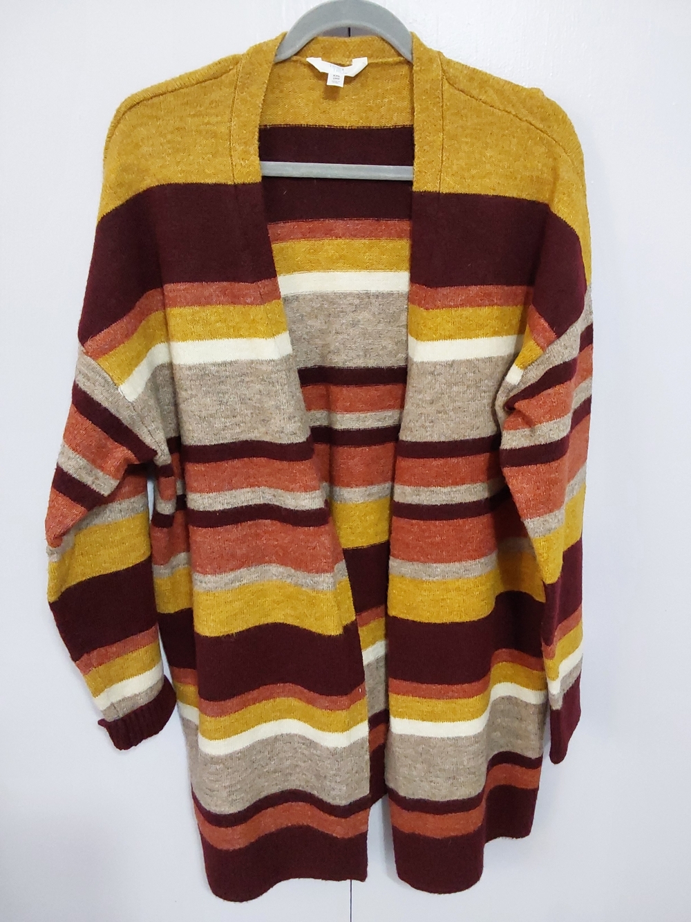 Time and Tru Striped Open-Front Cardigan in Mustard, Burgundy & Rust